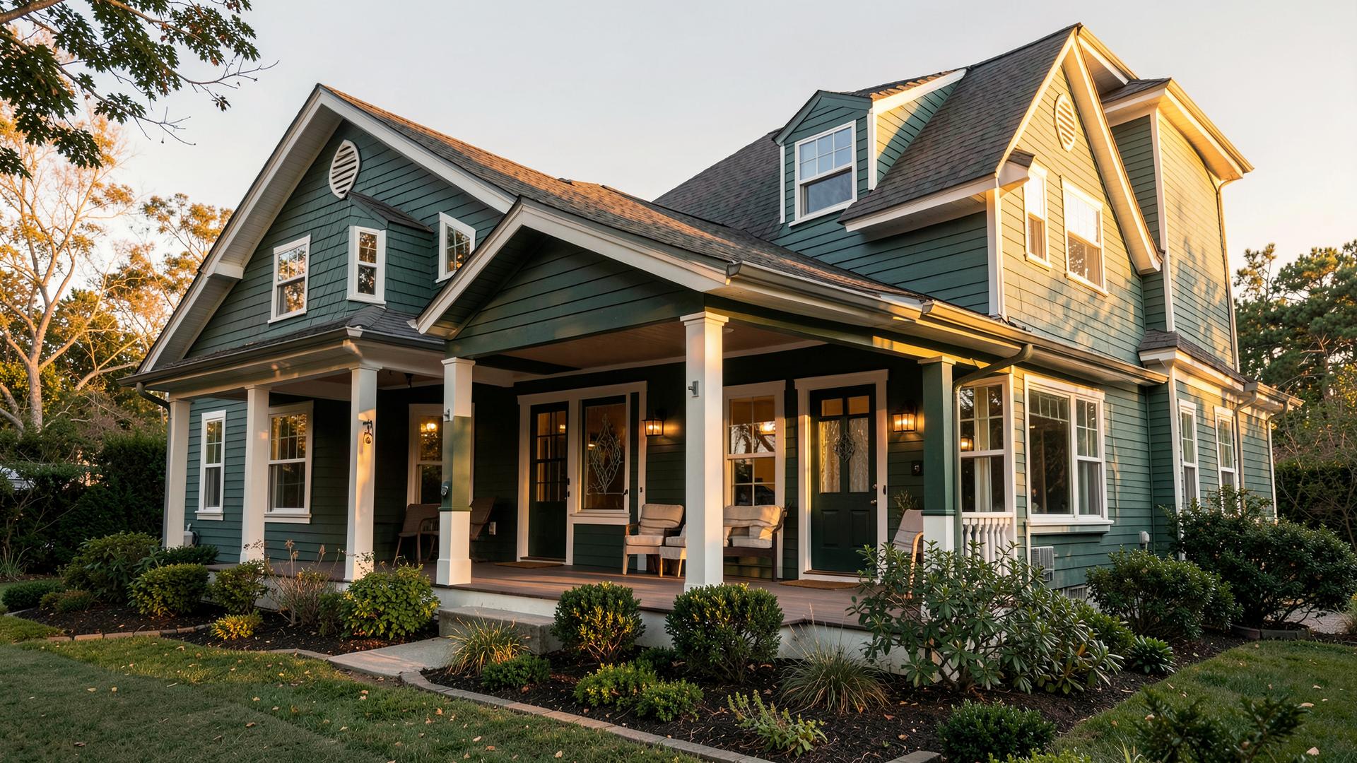 Renovated home with a covered front porch at sunset